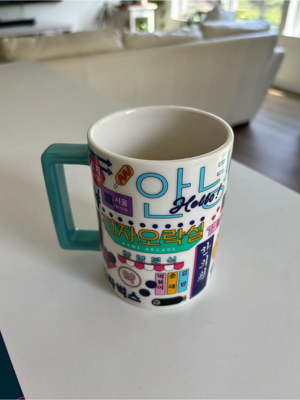 Starbucks White Mug with Teal Handle and Hangeul Sticker Graphics from Korea